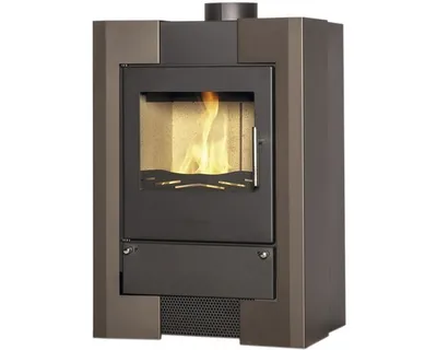 A studio shot of a brown and gray wood-burning stove.