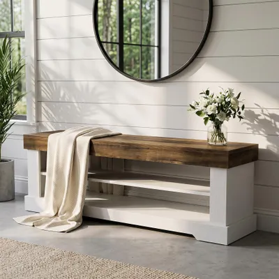 Produktbild von Tribesigns 140 cm große Eingangsbank im Landhausstil, Schuhbank aus Holz, Zweistöckige Bettbank mit Stauraum, Schlafzimmer & Garderobe, Braun & Weiß