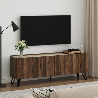 Produktbild von Fernsehschrank 'Trorlon' mit 4 Türen 160 x 40 x 55 cm Walnussoptik / Travertin
