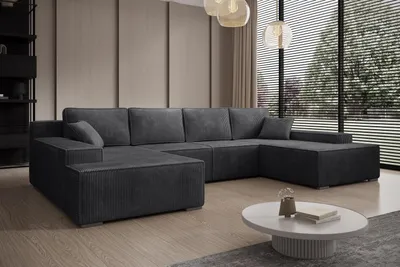 Produktbild von Ecksofa Couch U-Form mit Schlaffunktion, POSO-Stoff Cordstoff, Dunkelgrau LIMO