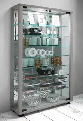 Produktbild von VCM Glasvitrine stehend | Vitrine Glas mit ESG-Sicherheitsglas | Maße ca. H. 91 x B. 59 x T. 18 cm | Standvitrine Glas | Modern und platzsparend | Glas Vitrinenschrank – Lumo Mini Spiegel