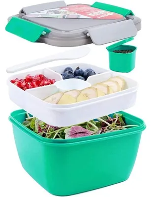 Obrázek produktu pro Obědová krabička Bento, objem 1500 ml, tmavě zelená, 3 přihrádky, včetně vidličky, s těsněním proti úniku, vhodná do mikrovlnné trouby