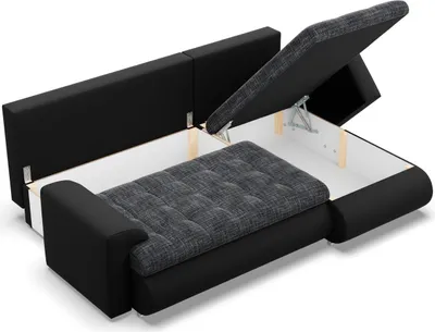 A black sectional sofa with its storage compartment open, revealing the interior and a gray upholstered seat cushion.