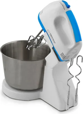 A white and blue Esperanza stand mixer with a stainless steel bowl and beaters is shown against a white background.