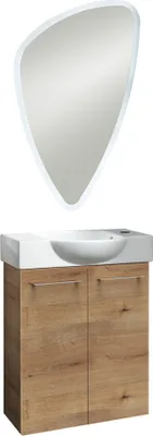 Produktbild von Fackelmann SBC MILANO Gäste WC Set 3-teilig 55 cm, Braun hell, 2 Türen, Keramik Hahnloch rechts inkl. LED-Spiegel