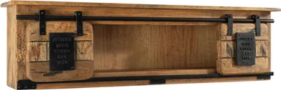 A wooden wall shelf with sliding barn door-style panels.