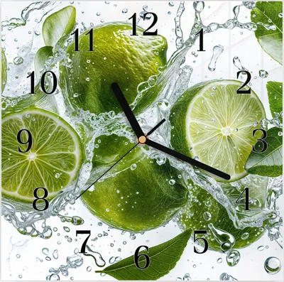 Produktbild von Wanduhr aus Glas mit Motiv Spritzige Limetten- 30 x 30 cm - inkl. Aufhängesystem