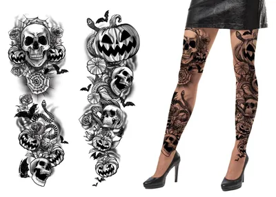 Productafbeelding van Halloween schedel leggings, pompoen, skelet ontwerp, tatoeage-look, netstructuur, kledingstuk, griezelig, doodskop, eng, feesttrend, kleur: beige/zwart