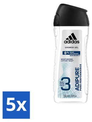 Immagine prodotto di 5 flaconi di gel doccia e shampoo 2-in-1 Adidas Adipure, 250 ml ciascuno - confezione - 5 pezzi