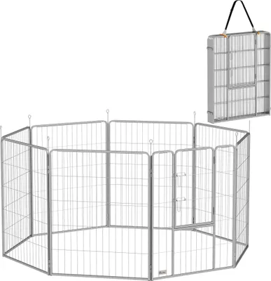 A silver metal dog playpen is shown assembled in an octagonal shape, with a folded version of the playpen shown in the upper right corner.