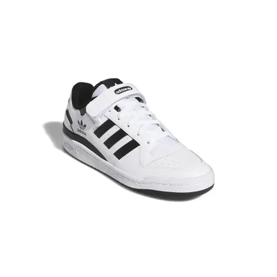 A white Adidas sneaker with black stripes and a black heel accent, shown from a slight diagonal angle on a white background.