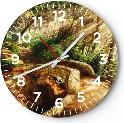 Produktbild von Wanduhr - Rund - Glasuhr - Pfad Steinbrücke Wald Herbst - 30x30cm - Schleichendes Uhrwerk - Lautlos - zum Aufhängen bereit - Dekoration Modern - Wanddekoration aus Glas - C4AR30x30-2800