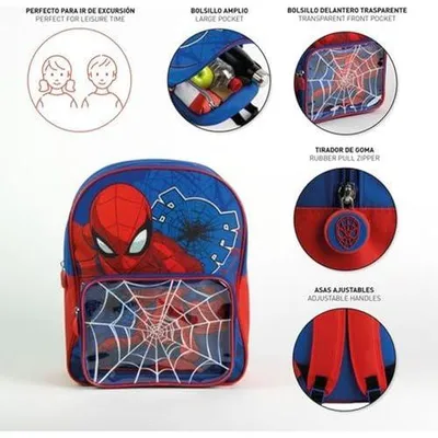 Immagine prodotto di Zaino per bambini a tema Spider-Man, con tasca trasparente e rete – zaino robusto blu e rosso, ideale per i piccoli fan di Marvel