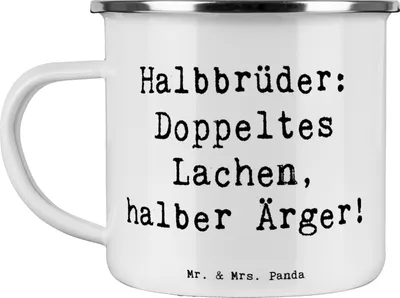 Produktbild von Mr. & Mrs. Panda Emaille Tasse Spruch Halbbruder Lachen - Weiß - Geschenk, Verbundenheit, Dankeschön, Geschwister, herzerwärmende Sprüche, Pott, Becher, Kaffeepott, Ärger