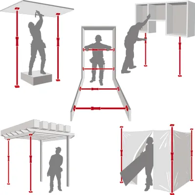 Multiple illustrations showing the use of adjustable support poles in various construction and DIY scenarios.