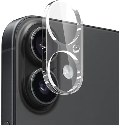 A close-up shot of a clear camera lens protector placed over the camera lenses of a black smartphone.