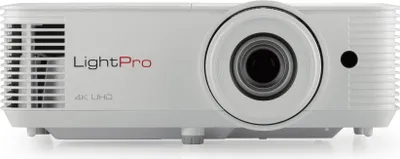 A front view of a white projector with a large lens.