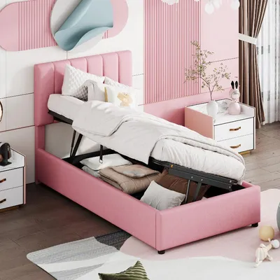 Productafbeelding van Kinderbed 90x200 cm, gestoffeerd bed met hydraulische opbergruimte, roze eenpersoonsbed van linnen met verstelbaar hoofdeinde en lattenbodem