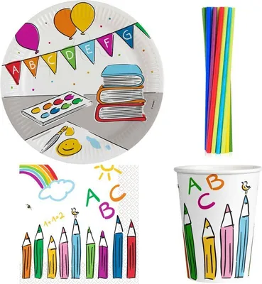 Produktbild von Party Deko Set Einschulung Einweggeschirr Schulanfang Partyset Dekoration Schule bunt Teller Becher Servietten 76 tlg.