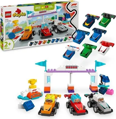 Produktbild von LEGO DUPLO Ma ville Rennwagen und F1 Team Piloten, 10 Teile, 2+ Jahre, Bauset für Kleinkinder, Inklusive Kran und Podium