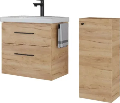 Produktbild von Planetmöbel Badmöbel-Set Waschtisch mit Unterschrank 63 cm. & Midischrank Gold Eiche