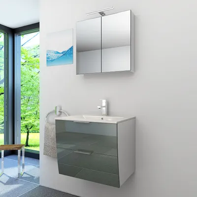 Produktbild von Badmöbel Set Gently 2 V1 Weiß/Grau MDF Waschtisch 60cm mit 5W LED-Strahler / Energiebox