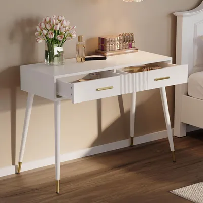 Image de MODFU Coiffeuse - Bureau Table de Maquillage avec Pieds Métal et 2 Tiroirs, Meuble Compact et Fonctionnel, MDF, 100x40x76 cm - Blanc