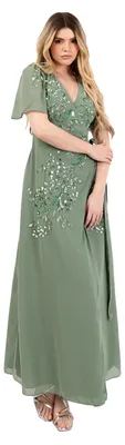 Produktbild von Maya Deluxe Damen Maxikleid, Damenkleid, V-Ausschnitt, kurze, puffige Ärmel, Wickeldesign, mit Paillettenbesatz