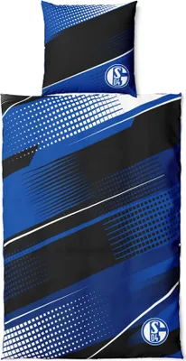 A bedding set with a blue and black abstract design and the FC Schalke 04 logo.