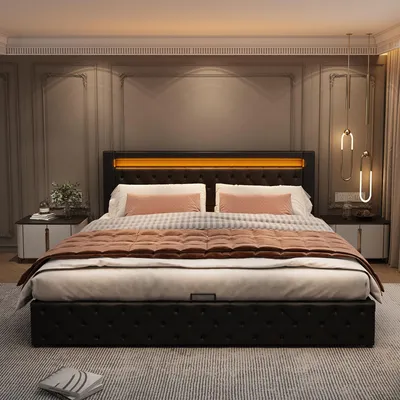 A bedroom scene featuring a bed with LED lighting.