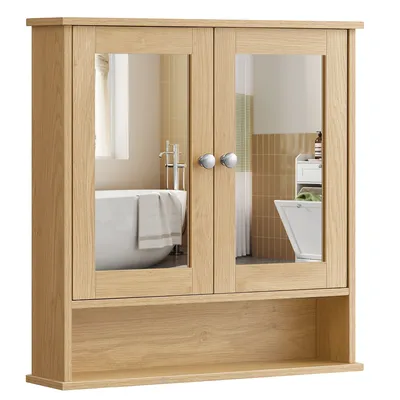 A wooden bathroom cabinet with mirrored doors and an open shelf below, shown against a white background.