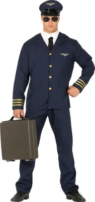 A man dressed in a pilot costume holding a briefcase.