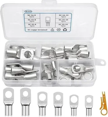 Produktbild von 30 Stück Rohrkabelschuhe Set, Kabelschuhe 16-35mm? M8 M10 Kupferklemmen Ringkabelschuhe Quetschverbinder für Kfz Verteilerkästen Auto Motorrad Boote