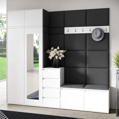 Produktbild von Garderoben-Set BERLIN – Kleiderschrank mit Polsterplatten, Schuhschrank und Schrankaufsatz 90 cm, für Flur und Eingangsbereich (Weiß, Trinity 15)