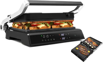 Produktbild von 3 in 1 Elektrogrill 2000W, Doppelgrill mit unabhängiger Thermostate, 90-230℃, 4H Timer, Klappbarer Kontaktgrill mit 5 Programme