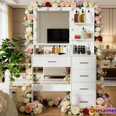 Immagine prodotto di Comò con specchio a LED - Bianco - Legno - Design moderno e minimalista