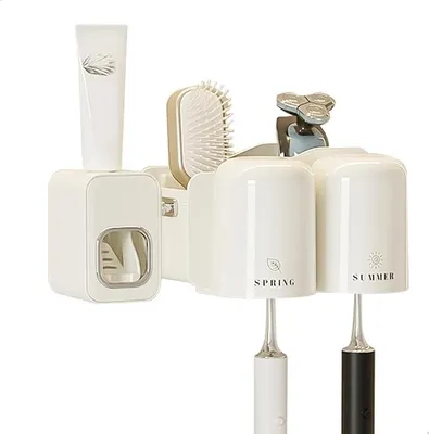 Produktbild von PolkaHome® Zahnbürstenhalter Wandmontage mit 2 Bechern, Zahnpastaspender & 4 Plätzen – Selbstklebend, ohne Bohren, Bad-Organizer-Set
