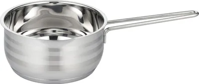 A stainless steel saucepan with a handle, shown against a white background.