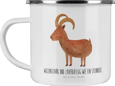 Produktbild von Mr. & Mrs. Panda Emaille Tasse Sternzeichen Steinbock - Weiß - Geschenk, Haferl, Geburtstag Dezember, Pott, Blechtasse, Steinböcke, Becher, Ziege, Bock, Januar, Teetasse