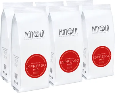 Produktbild von MAYOLA Espresso Mild, 6x250g | ganze Bohne | fair & nachhaltig produziert | Langzeitröstung