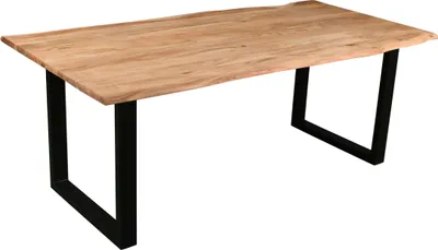 A wooden dining table with black metal legs, shown from a slightly elevated side angle against a white background.