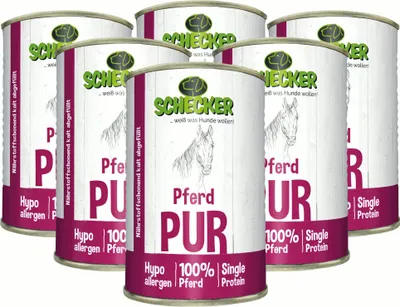 Produktbild von 6 x410g Schecker Nassfutter - 100% Pferd pur - getreidefrei - hypoallergen - echte, reine Qualitätsware