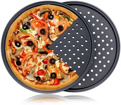 Immagine prodotto di Piastra per pizza - Pietra refrattaria per forno - Piastra Acciaio al carbonio forata per una base croccante - 2 pezzi - Rotonda, nera