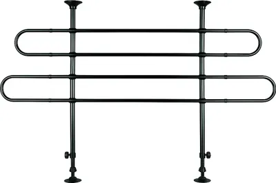 A black metal dog car barrier is shown against a white background.