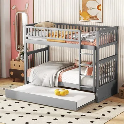 Produktbild von Odikalo Kinderbett Etagenbett Dreierbett Ausziehbar Geländer Treppe 90x200cm Grau