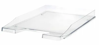 A clear plastic document tray on a white background.