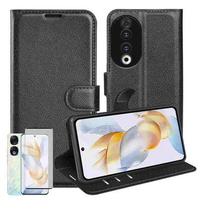 Immagine prodotto di Per Honor 90 5G Custodia per cellulare Nero Custodia in Pelle finta + Vetro temperato curvo H9
