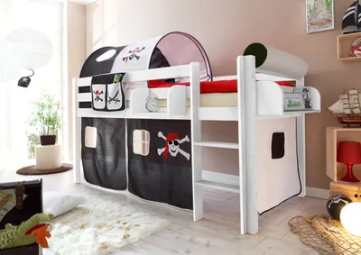Produktbild von Hochbett "Malte" Kiefer Weiß Motiv (Pirat Schwarz-Weiß)