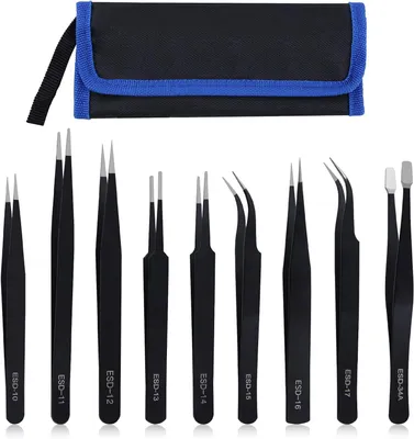 Produktbild von Pinzetten Set, 9-teilig, Edelstahl, antistatisch, mit Aufbewahrungstasche, für Elektronik