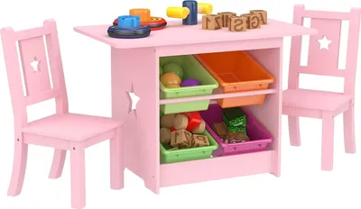 Produktbild von Lina® Kinder Tisch und Stuhl Set, Massivholz, Tisch mit 4 Aufbewahrungsboxen, Sterne-Design, 2 Stühle - Rosa